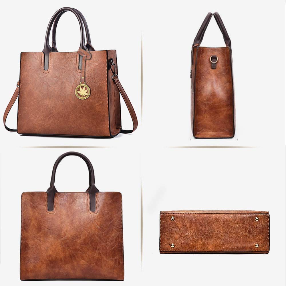 BestoU Women's Leather Handbag Set - 3pcs Large Tote, Messenger & Crossbody Bags in Brown | Premium Ladies Purses for Work, Travel & Everyday Use