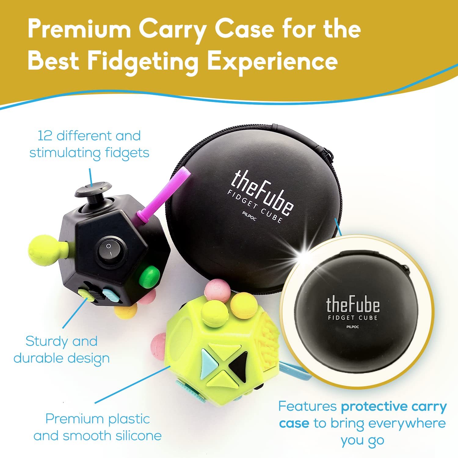 PILPOC theFube 12-Side Fidget Cube - Stress Relief & Focus Toy for Kids & Adults with ADHD - Anti-Anxiety Sensory Fidget Dice with Carry Case (Light Blue & Mix) - Perfect for Office, School & Travel Stress Relief