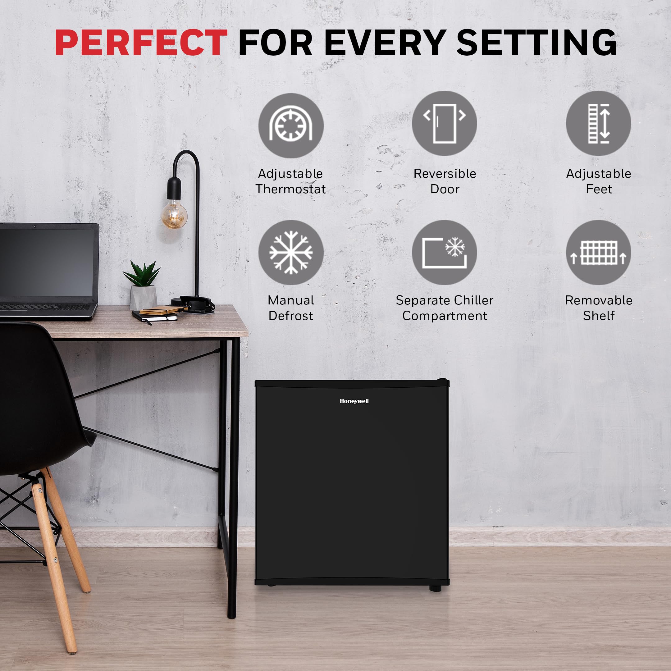 Honeywell 1.6 Cu Ft Compact Mini Fridge with Freezer - Single Door, Adjustable Temperature, Ultra Quiet - Perfect for Bedroom, Office, Dorm Room & Small Spaces - Black
