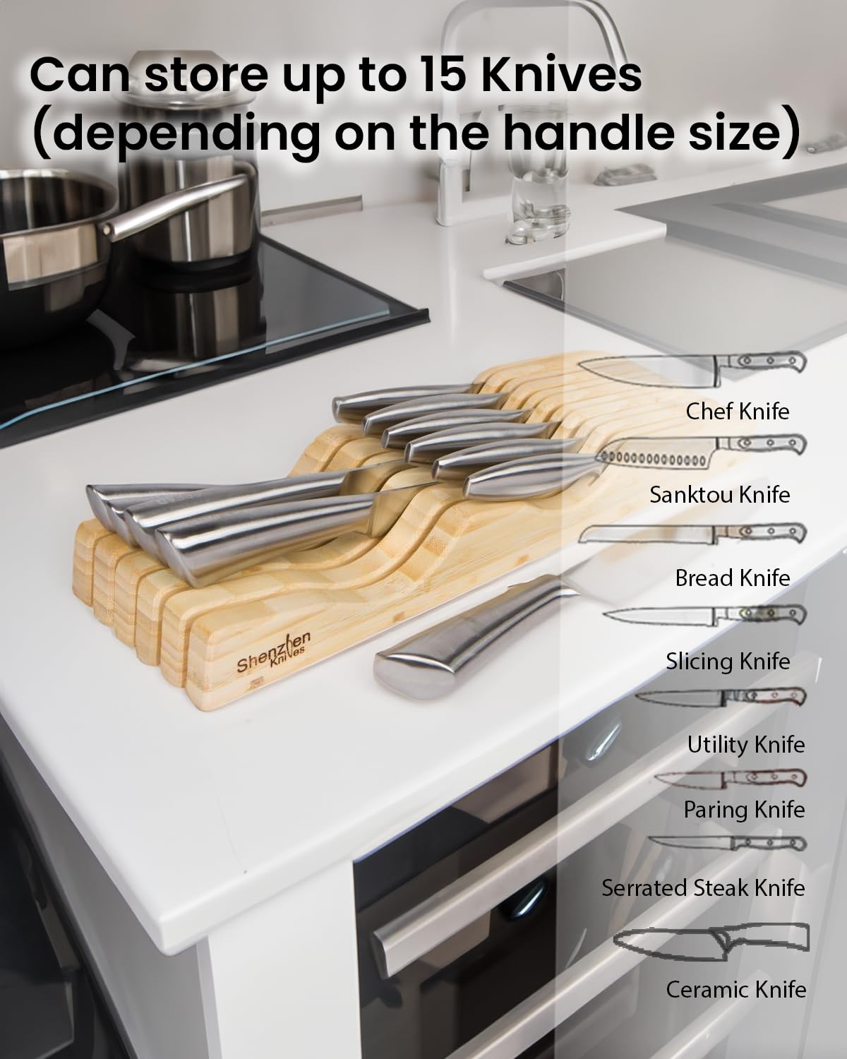 Large Bamboo Knife Block - 15 Slot Drawer Organizer for Kitchen Knives Storage