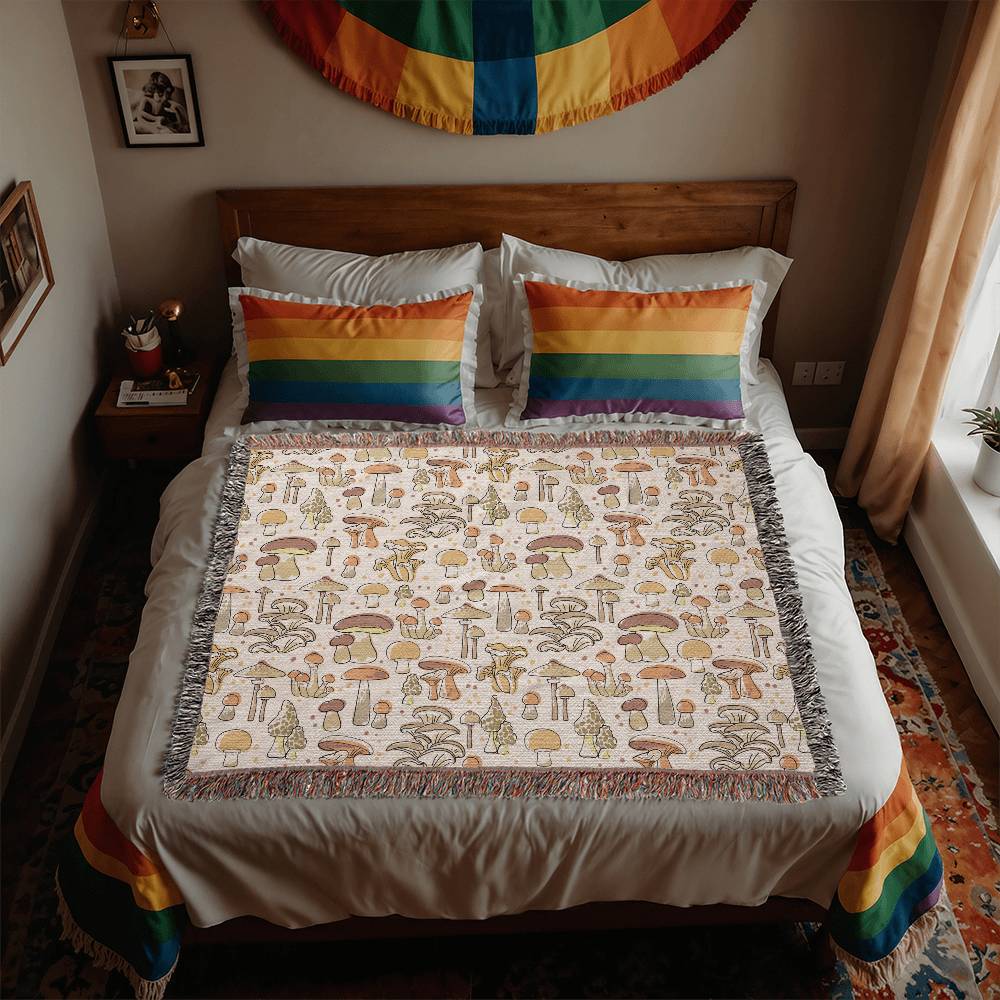 Handwoven 100% Cotton Mushroom Blanket with Fringe - 50