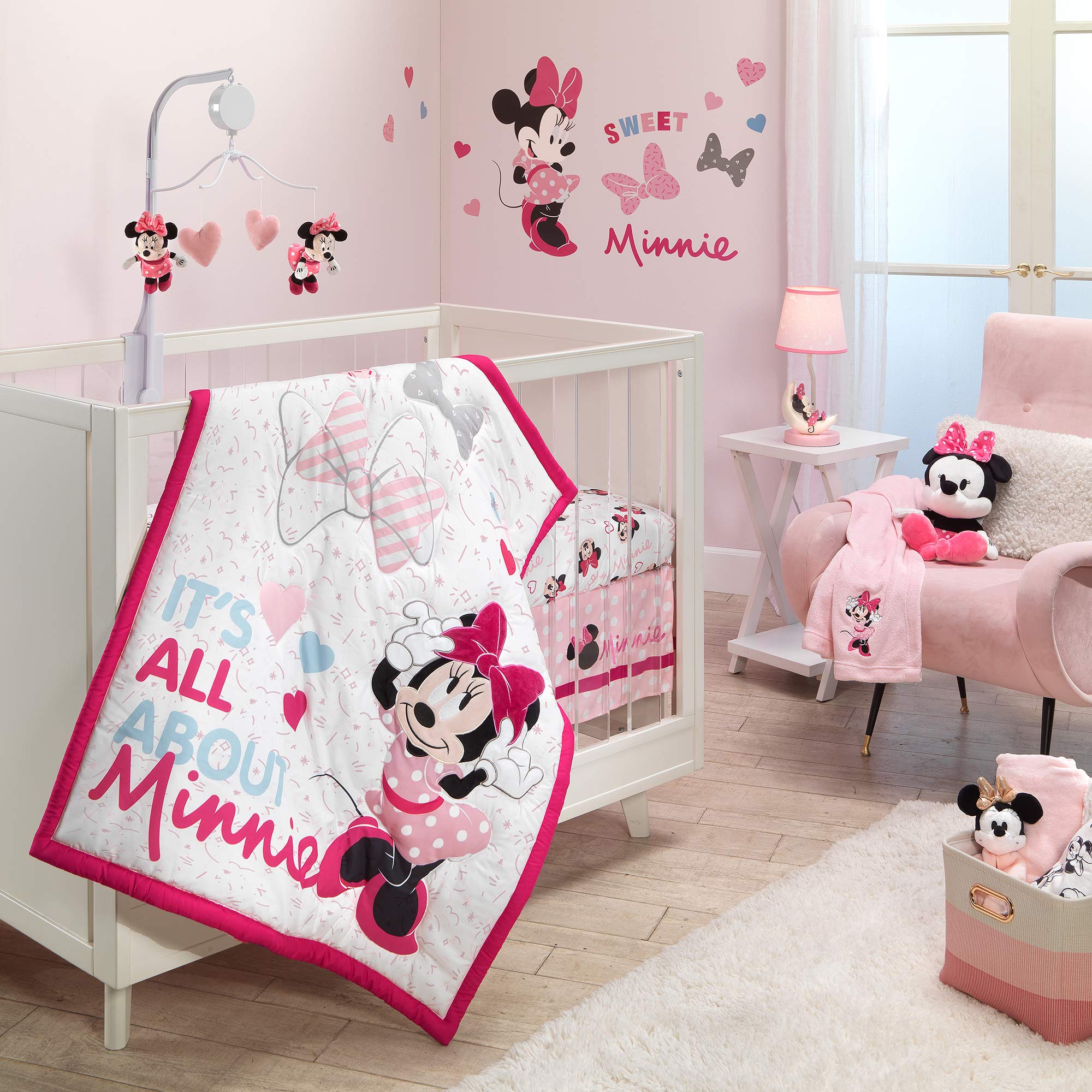 Disney Baby Minnie Mouse Love 3-Piece Pink Nursery Crib Bedding Set - Soft Crib Sheet, Blanket & Skirt for Girls' Room Decor | Perfect for Baby Showers & Nursery Themes