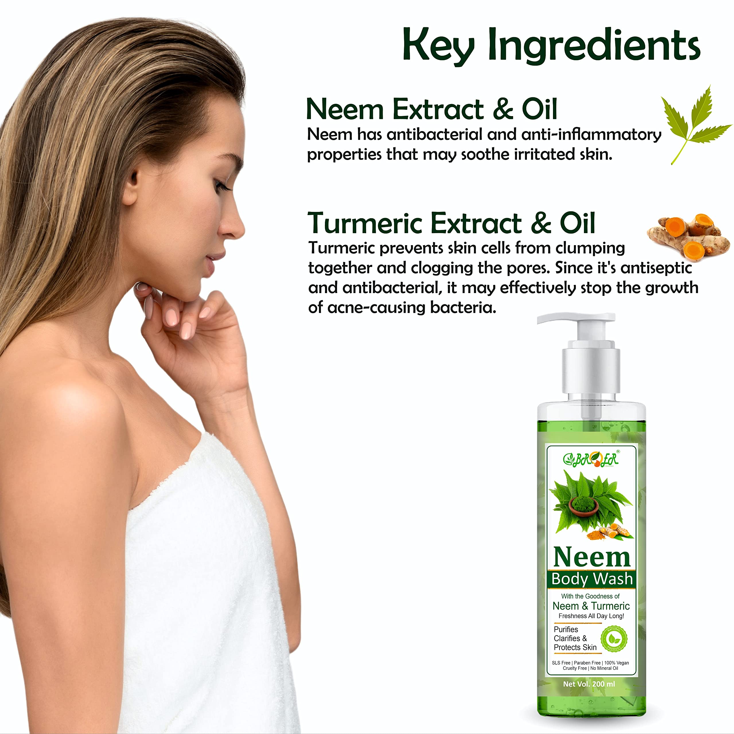 BROER Neem Face Wash 100ml & Neem Body Wash 200ml - Natural Neem & Turmeric Formula for All Skin Types | Sulfate-Free, Paraben-Free | Acne Treatment & Daily Skincare Routine