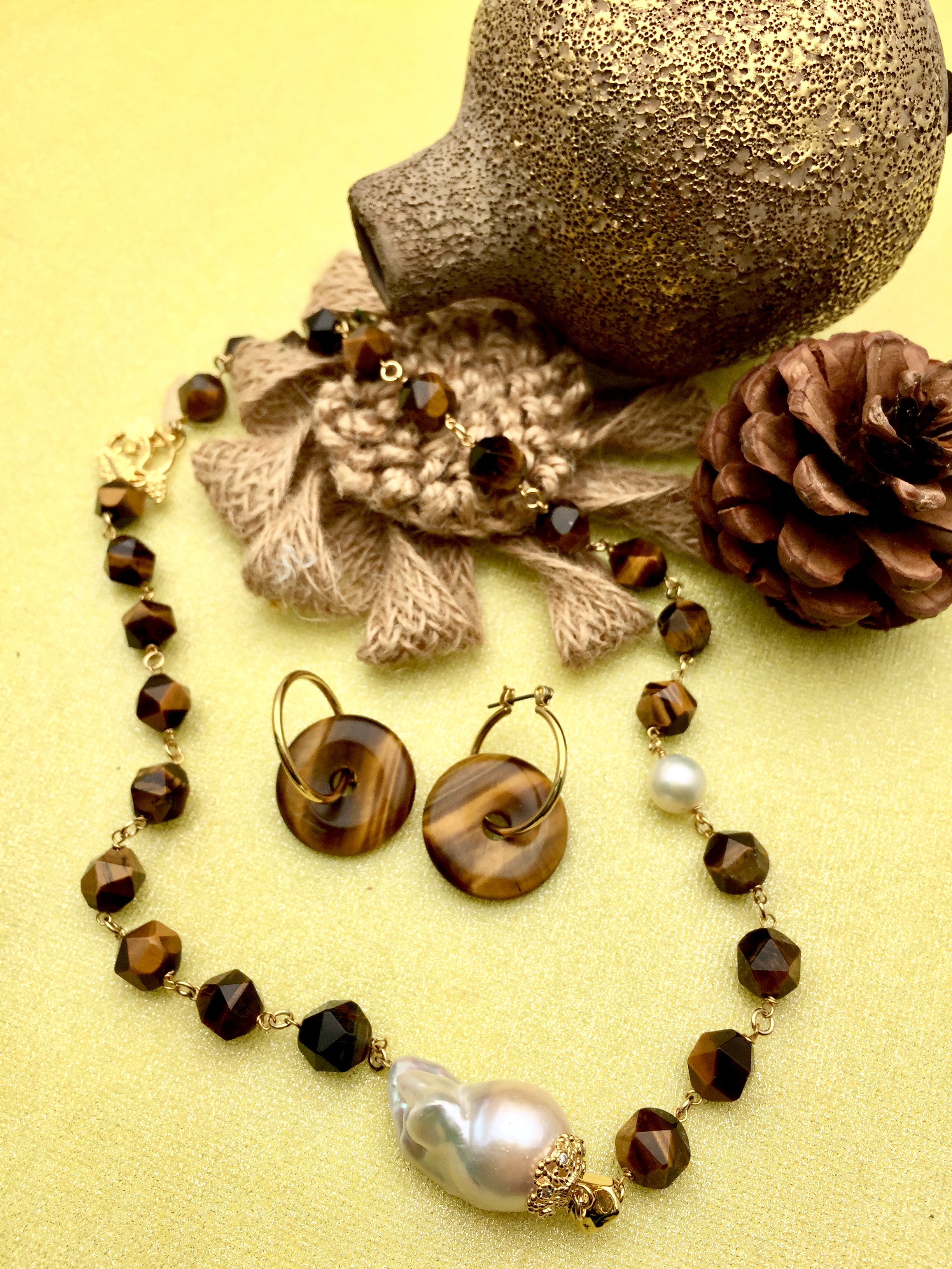 Round Tiger Eye Donut Earrings for Women - Natural Stone Jewelry - Boho Chic Dangle Earrings for Everyday Wear, Office & Special Occasions