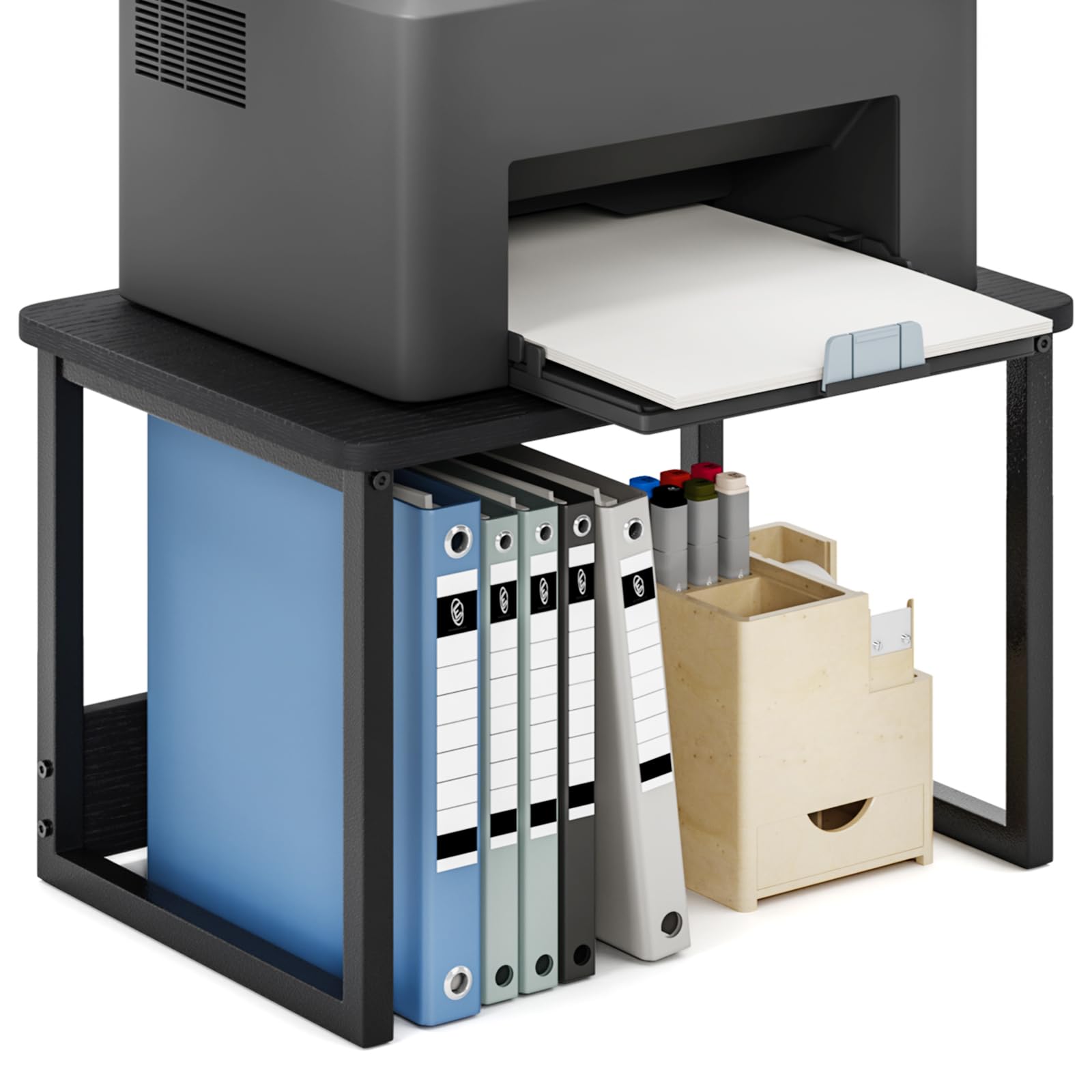 Heavy Duty Printer Stand with Storage for Desk - Black Desktop Printer Shelf Organizer for Home & Office, Under Desk Printer Riser for Fax Machine, Copier, Scanner - Perfect Workspace Organization Solution