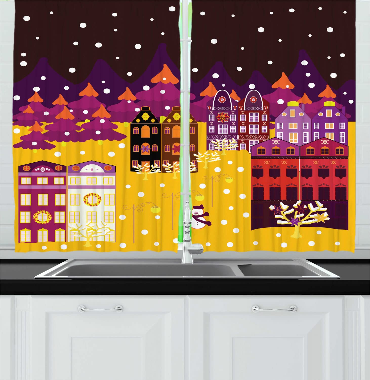 Ambesonne Snow Themed Kitchen Curtains - Winter European Village Scene with Trees & Snowman | 55x45 Inch Brown & Yellow Drapes | Rod Pocket Design for Cozy Home Decor | Perfect for Farmhouse, Cottage & Holiday Kitchen Windows