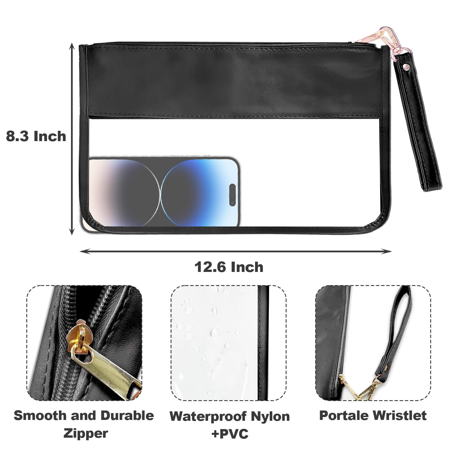 Clear Makeup Bag for Women - Waterproof PVC Travel Cosmetic Organizer with Zipper, Cute Toiletry Pouch for Cosmetics, Snacks & Essentials | Perfect for Travel, Gym, Beach & Daily Use (Black)