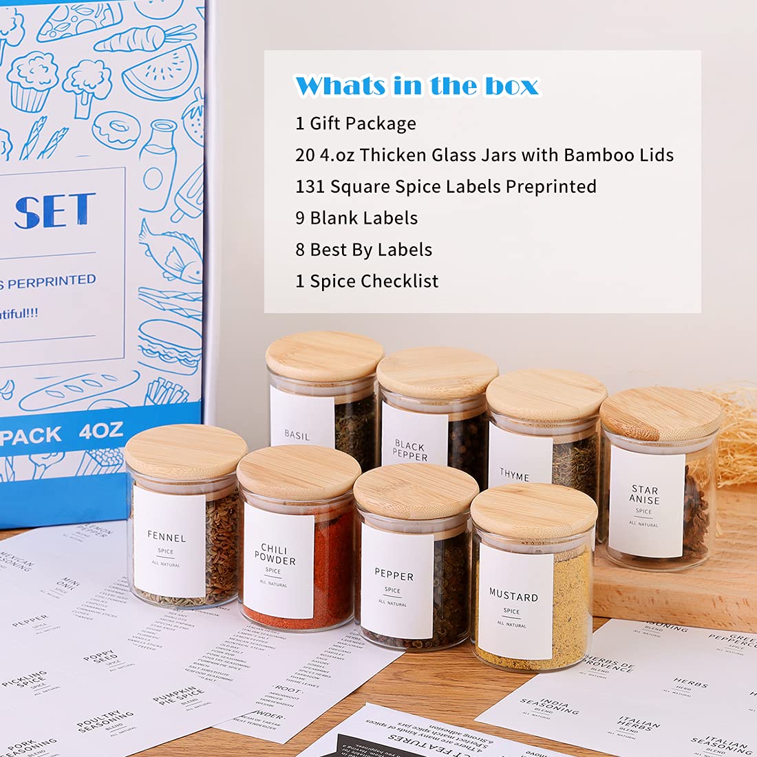 20-Pack 4oz Glass Spice Jars with Bamboo Lids - Thick 2.4mm Airtight Herb Storage Containers - Includes 131 Preprinted Waterproof Minimalist Labels - Perfect for Pantry Organization, Kitchen Spice Storage & DIY Seasoning Jars - Ideal for Home Chefs & Meal Prep