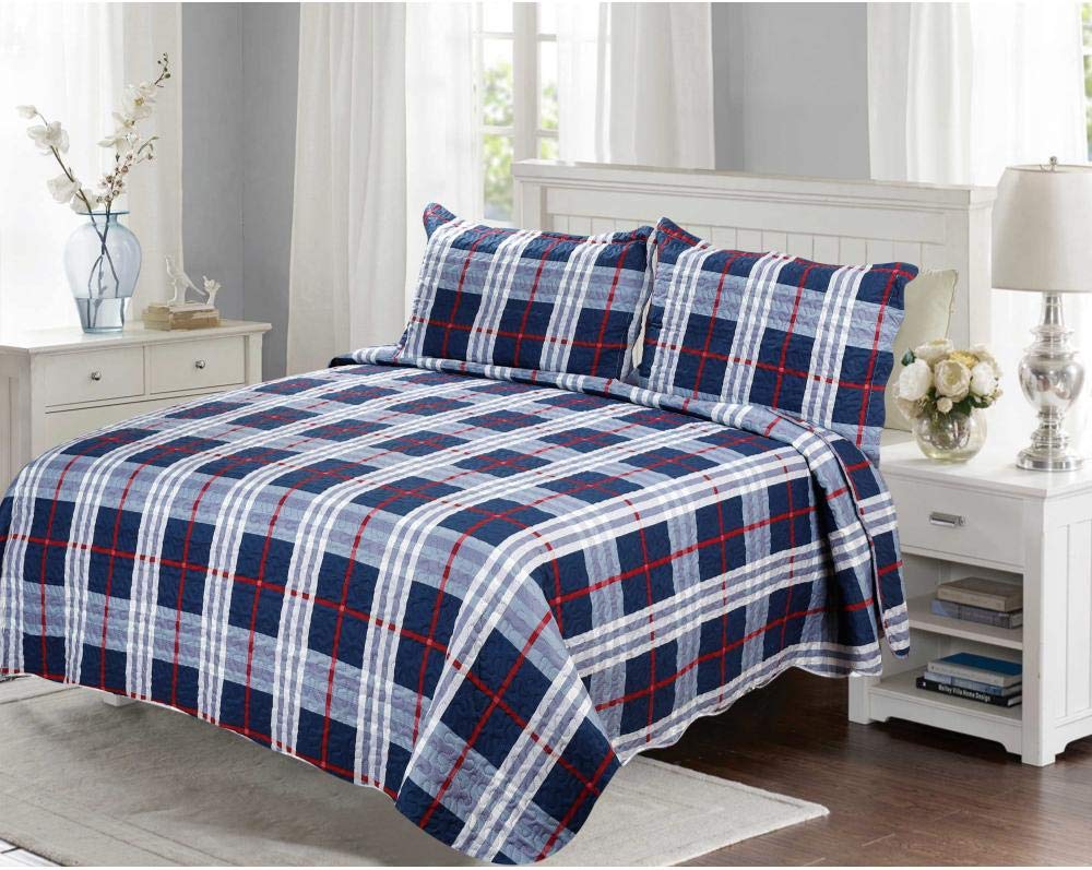 Pinsonic Plaid Bedding 3-Piece King Size Bedspread Set - Navy Check Quilt Coverlet for Cozy Bedroom Decor | Perfect for Guest Rooms & Winter Warmth