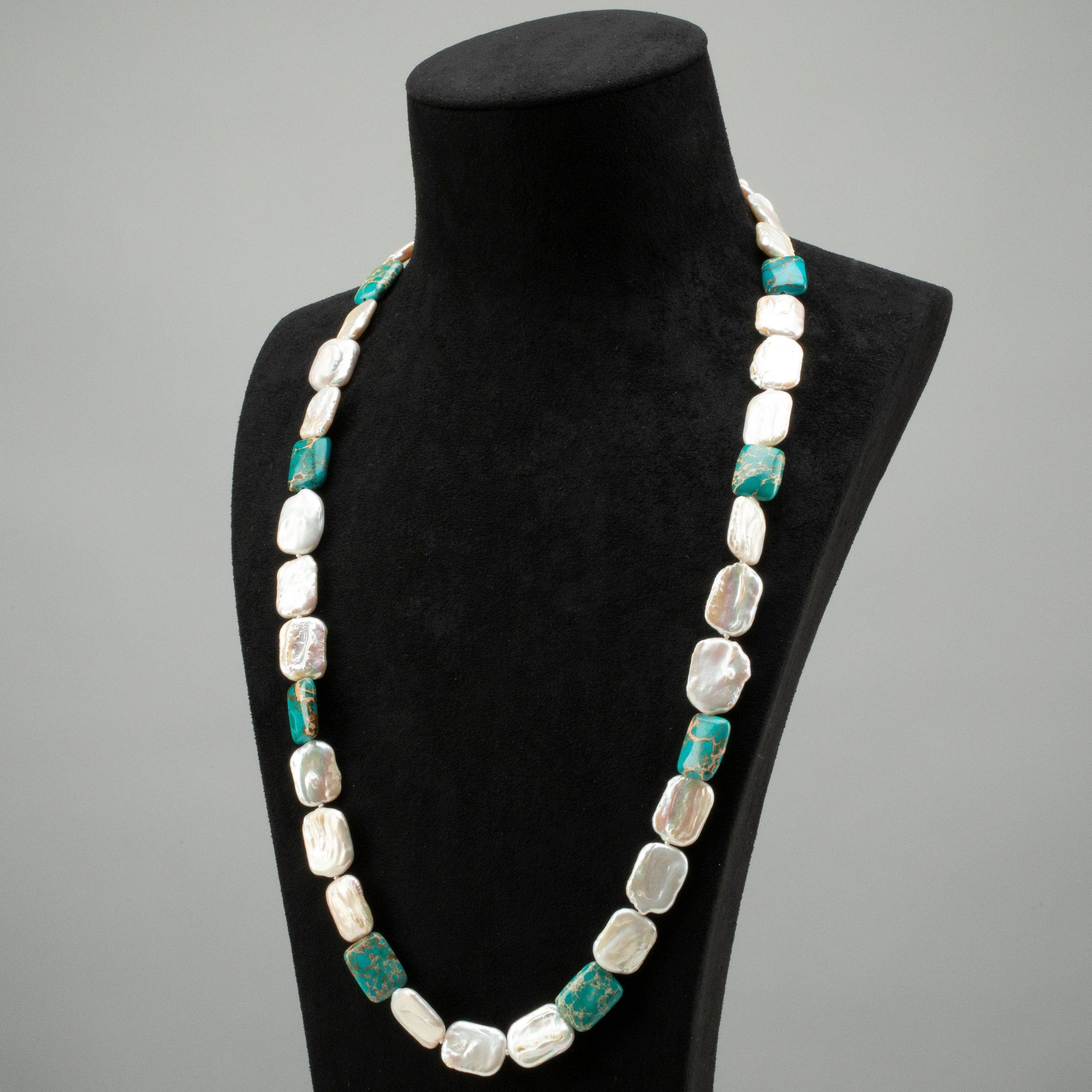 Freshwater Pearl & Howlite Turquoise Necklace for Women - Elegant Coin Square Pendant Jewelry - Perfect for Weddings, Parties & Everyday Wear