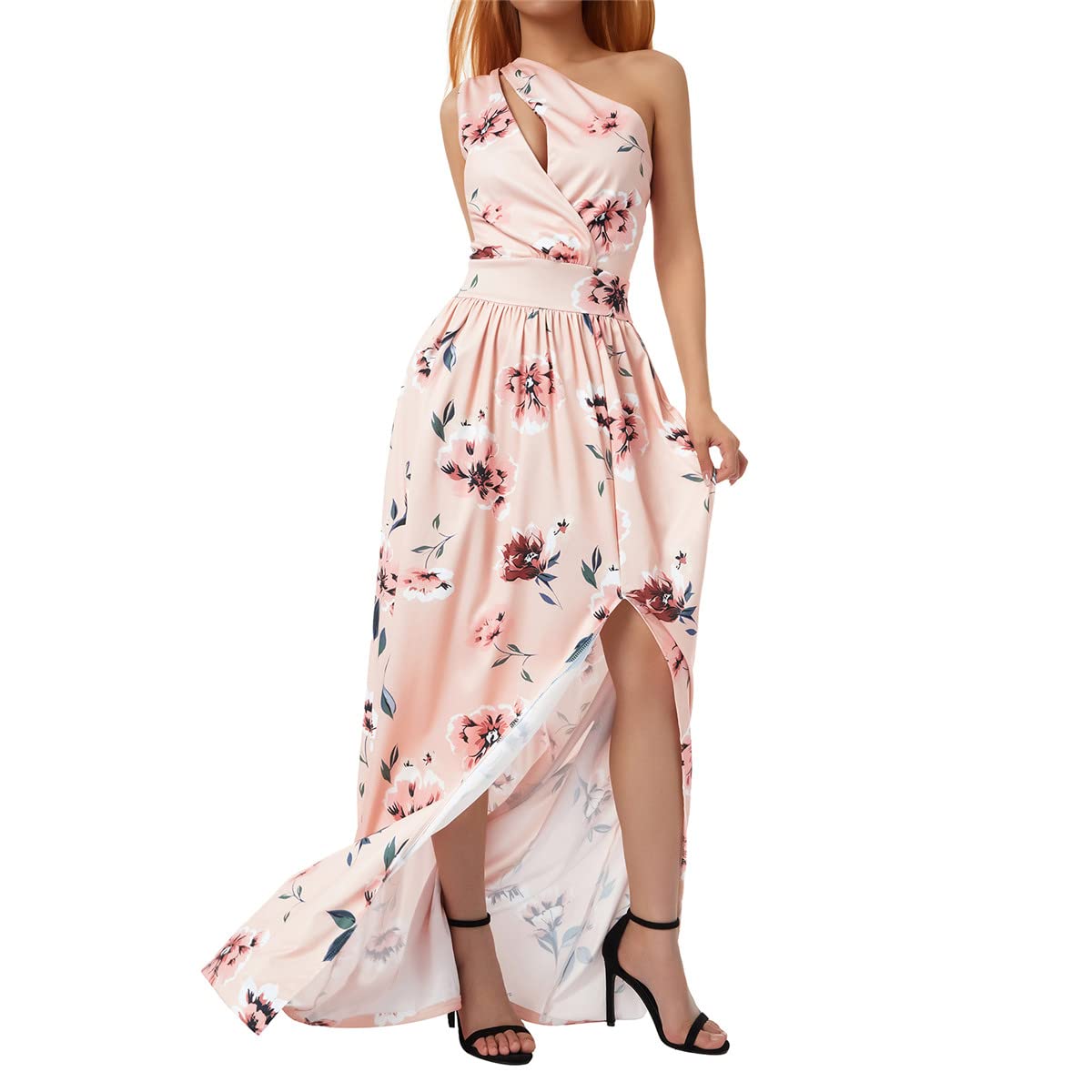 Elegant Floral Summer Dress for Women - Sleeveless One Shoulder Hollow Slit High Waist Pleated Midi Dress | Perfect for Beach Vacations, Date Nights & Summer Parties