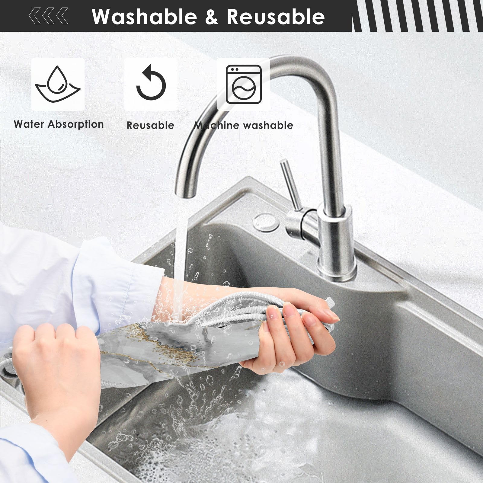 2 Pack White Marble with Gold Veins Sink Splash Guard - Absorbent Kitchen Faucet Mat, Drip Catcher & Drying Mat for Farmhouse & Bathroom - Perfect for Kitchen Sink, Bar Counter & Vanity Protection