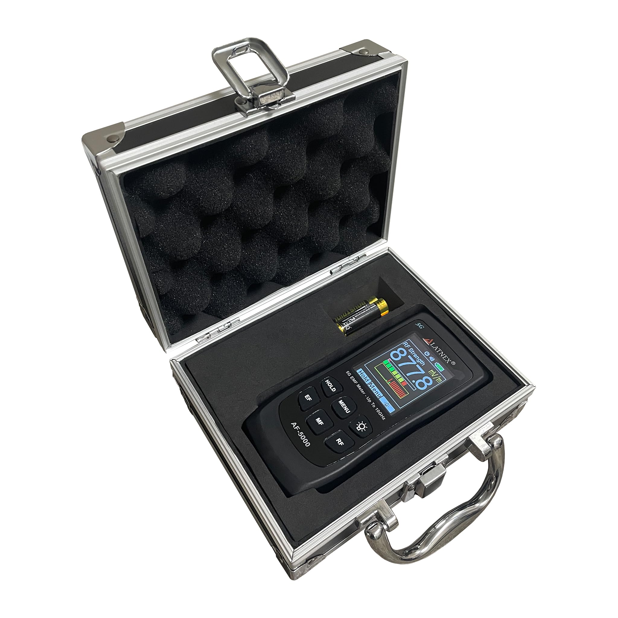 LATNEX AF-5000 5G EMF Meter - Professional Electromagnetic Field Detector for RF (Up to 10GHz), Magnetic & Electric Fields - Includes Aluminum Carrying Case & Calibration Certificate - Perfect for Home, Office & 5G Radiation Safety Testing
