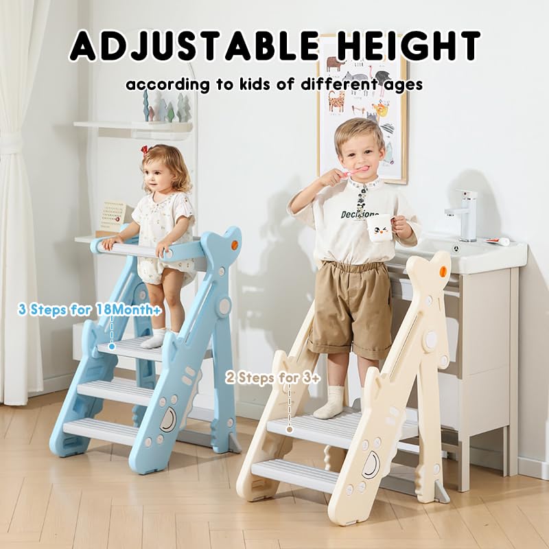 Foldable Toddler Kitchen Step Stool with Adjustable Height & Safety Rail - Anti-Drop Standing Tower Helper for Cooking, Baking & Learning Activities