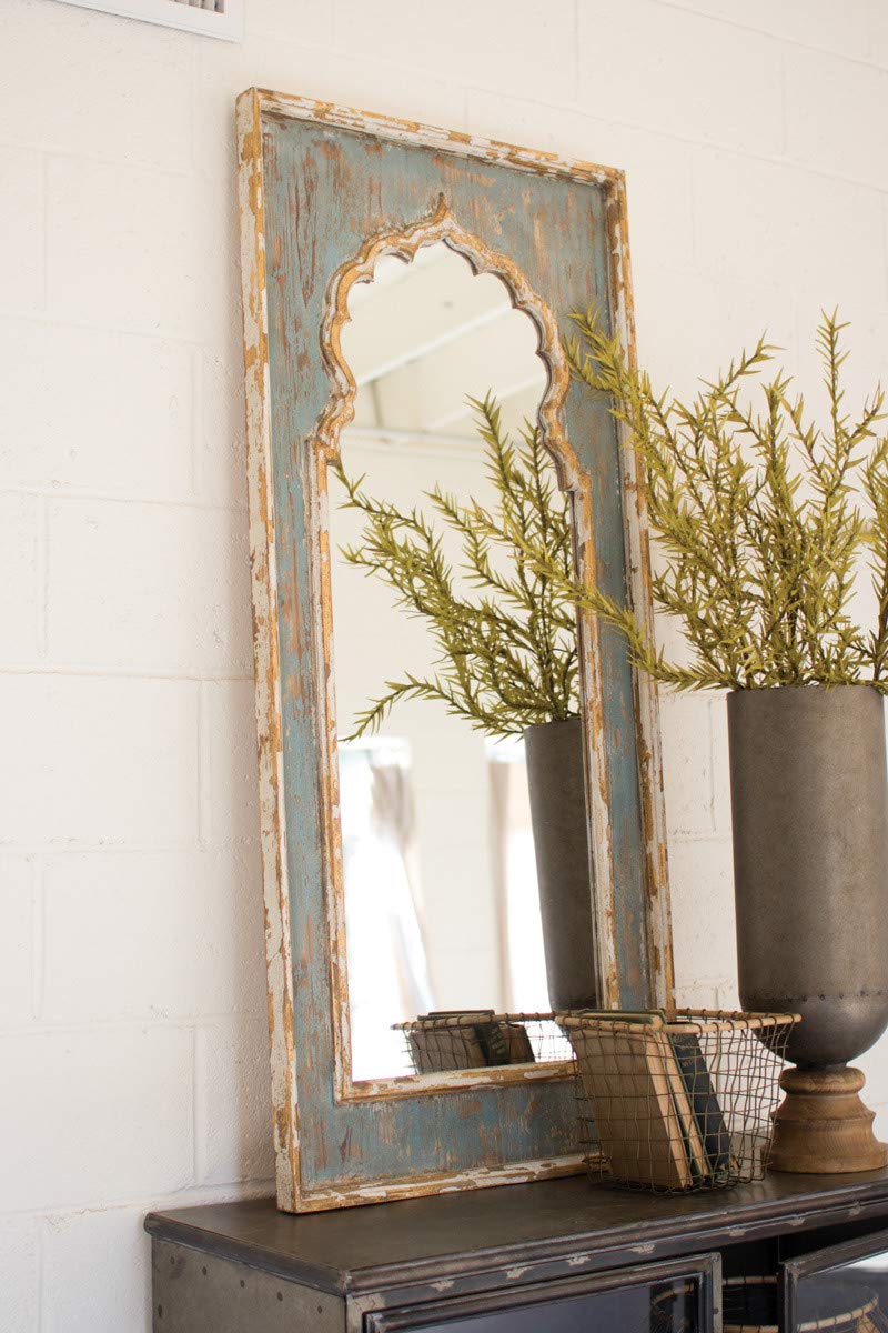 Kalalou Blue Distressed Wooden Mirror - Vintage Farmhouse Wall Decor for Living Room, Bedroom & Entryway - Handcrafted Wood Frame with Rustic Charm