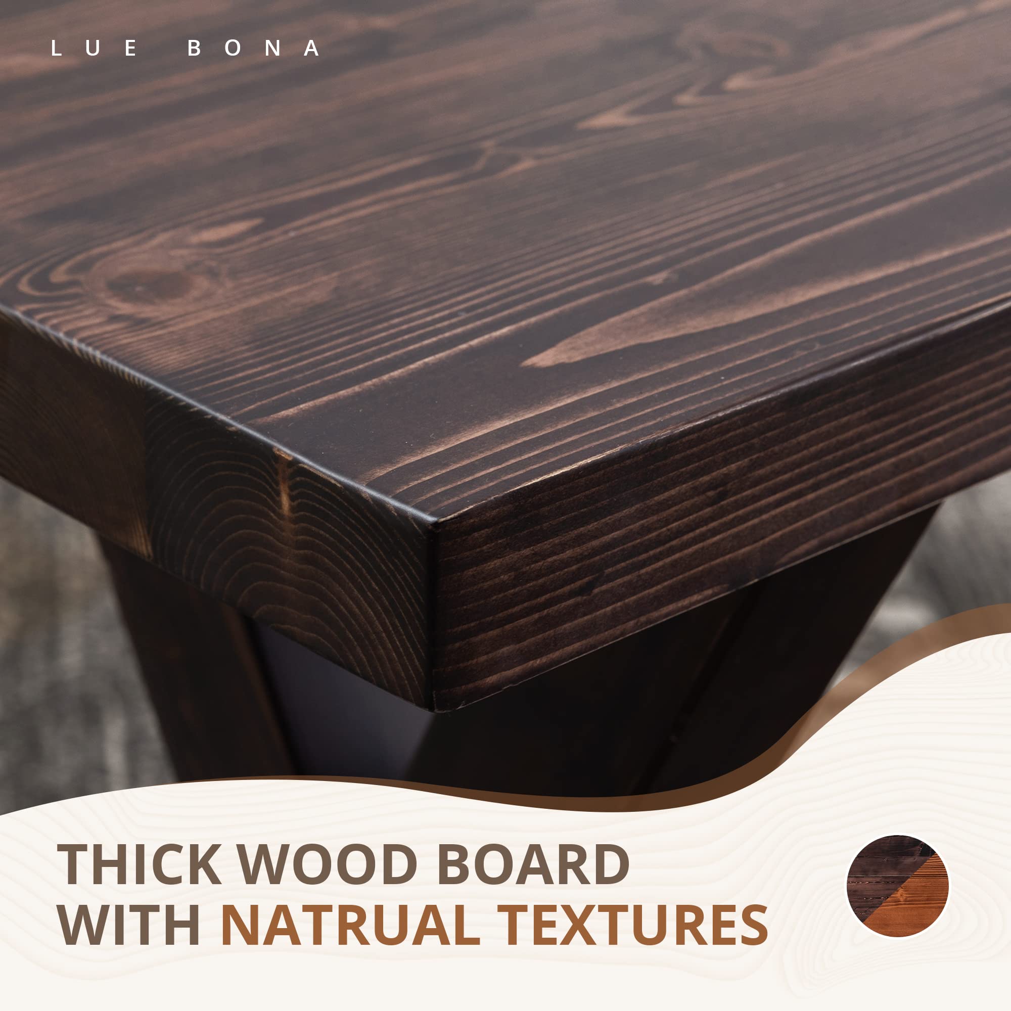 LUE BONA 47 Inch Solid Wood Dining Bench - Farmhouse Style Kitchen Bench with Natural Wood Grain - Heavy Duty Rectangular Dining Bench for Home, Kitchen & Dining Room - Dark Brown - Perfect for Farmhouse Decor, Breakfast Nook & Family Gatherings