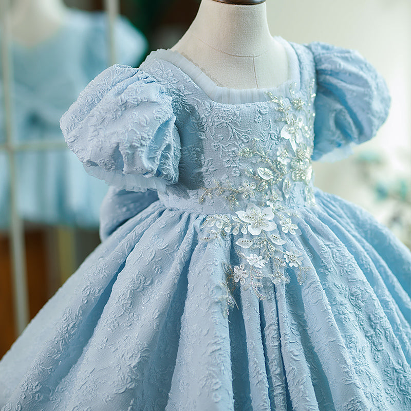 Royal Blue Satin Princess Flower Girl Dress with Lace Trim - Elegant Square Neckline for Weddings, Birthday Parties & Special Occasions
