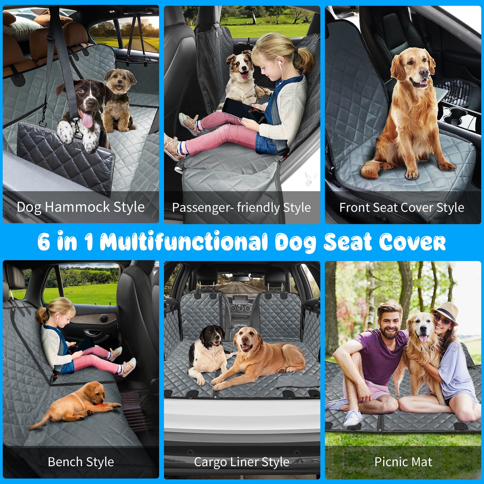 URPOWER 6-in-1 Waterproof Dog Car Seat Cover for Back Seat - 40/60 Split Pet Hammock with Mesh Window & Side Flaps - Universal Fit for Cars, SUVs, Trucks - Perfect for Road Trips, Vet Visits & Daily Commutes