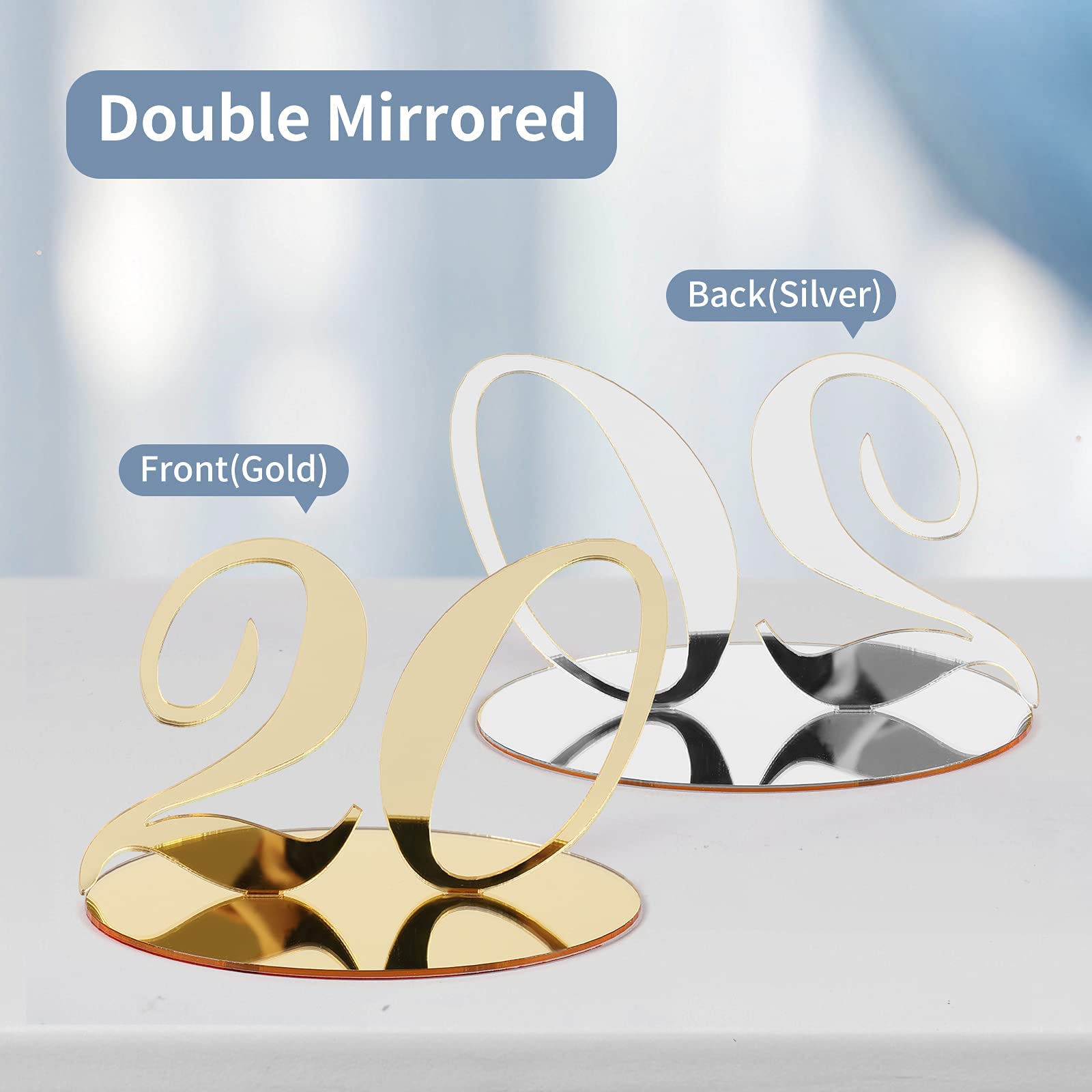 Gold Acrylic Table Numbers 1-20 with Stand - Double Sided Mirror Wedding & Party Decorations - Perfect for Reception Tables, Banquets, and Special Events
