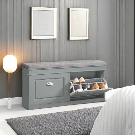 Modern Shoe Storage Bench with 2 Flip Drawers & Cushion - Entryway Shoe Cabinet Organizer for Hallway, Grey FSR64-HG | Perfect for Small Spaces, Mudroom Organization & Shoe Storage Solution
