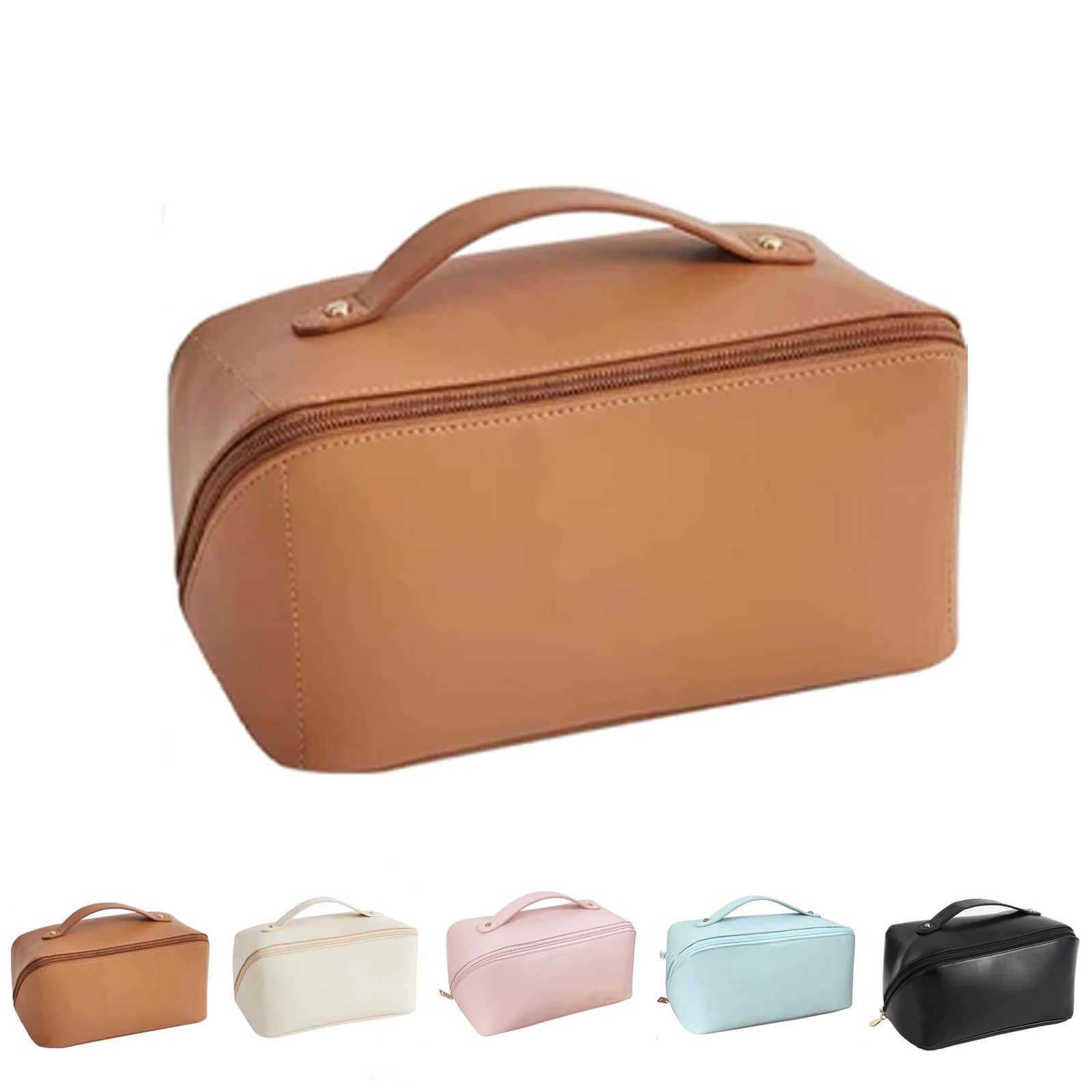 Large-Capacity Leather Makeup Bag for Women - Travel Cosmetic Organizer with Handle & Divider, Portable Toiletry Case (Brown) | Perfect for Air Travel, Gym, and Daily Beauty Essentials