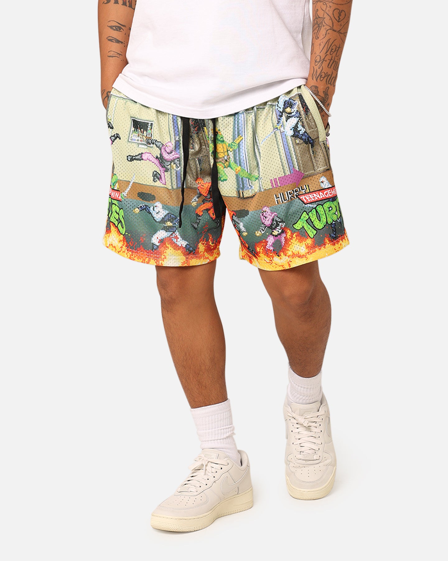 American Thrift X Teenage Mutant Ninja Turtles Arcade Retro Mesh Shorts - Tan/Multi Color - Casual Streetwear & 90s Nostalgia Fashion for Men