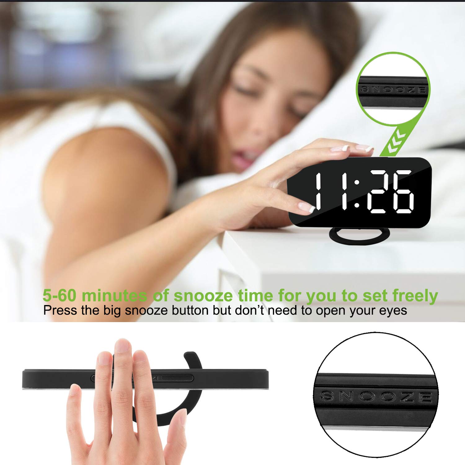 SZELAM Large Digital LED Alarm Clock with Mirror Surface - 3-Level Brightness, Dimming Mode & Dual USB Ports - Perfect for Bedroom, Home Decor, Makeup Vanity & Nightstand (Black)