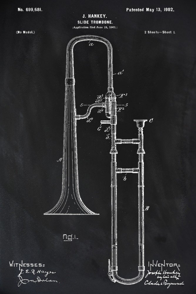 Lantern Press Blackboard Patent Slide Trombone Art Print - 16x24 Wrapped Canvas Wall Decor for Music Lovers & Jazz Enthusiasts - Perfect for Living Room, Bedroom or Music Studio Decor