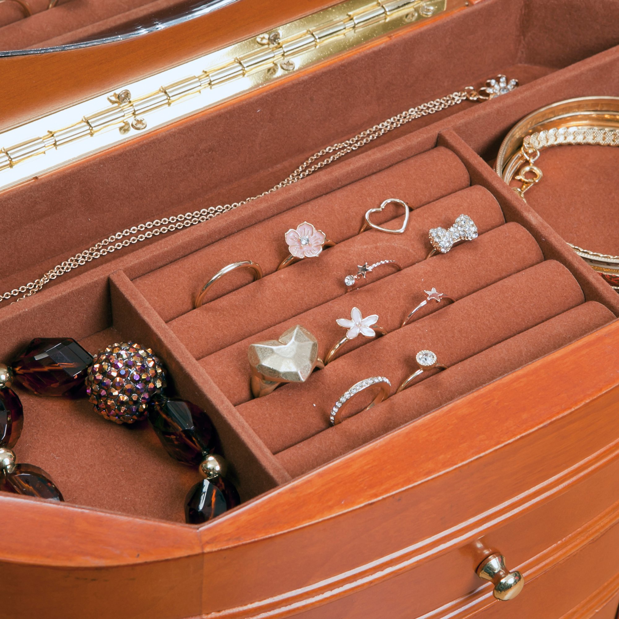 Mele & Co. Trinity Jewelry Box - Premium Walnut Wood Jewelry Organizer with Mirror | Perfect for Necklaces, Rings & Earrings Storage | Gift for Women & Brides