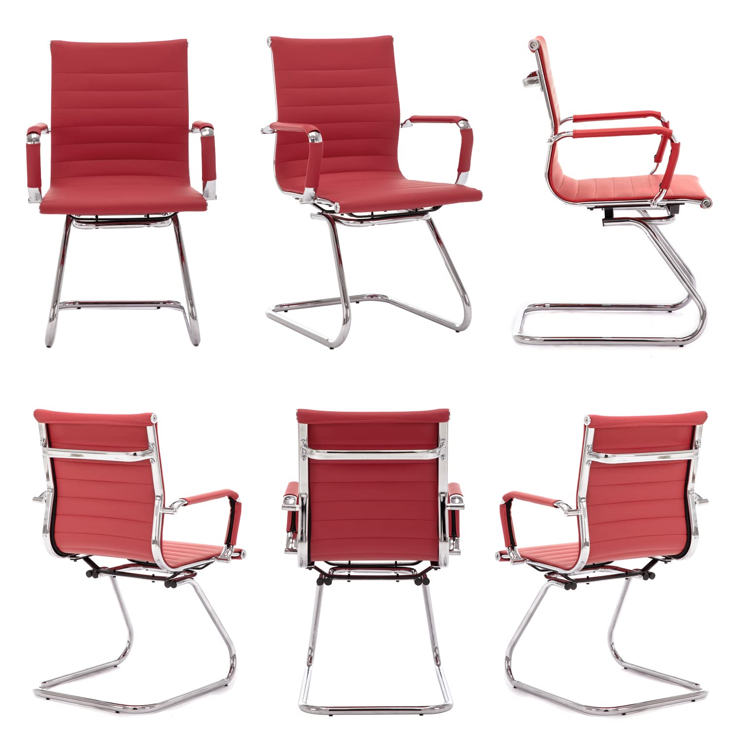 Wahson Office Guest Chairs - 4 Pack Dark Red Leather Mid Back Conference Chairs with Sled Base, No Wheels - Perfect for Reception Areas, Waiting Rooms, Meeting Spaces & Office Lobbies