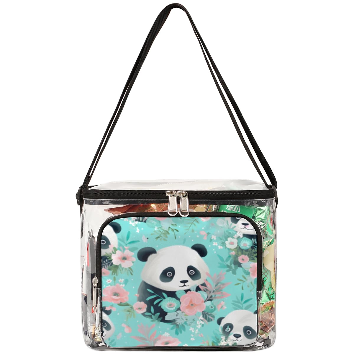GzLeyigou Panda Clear Tote Bag with Handles - Cute Panda & Floral Design Transparent Crossbody Shoulder Bag for Lunch, Beach, Travel, Picnic, Concerts & Sports Events - Stadium Approved Clear Purse (Perfect for Outdoor Activities, Theme Parks & Security Checkpoints)