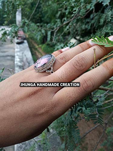Rhodonite Ring for Women - Vintage Bohemian Sterling Silver Healing Crystal Jewelry | Bridesmaid Gift, Promise Ring, Engagement Ring, Statement Jewelry | Perfect for Hippie Style, Boho Weddings & Spiritual Healing