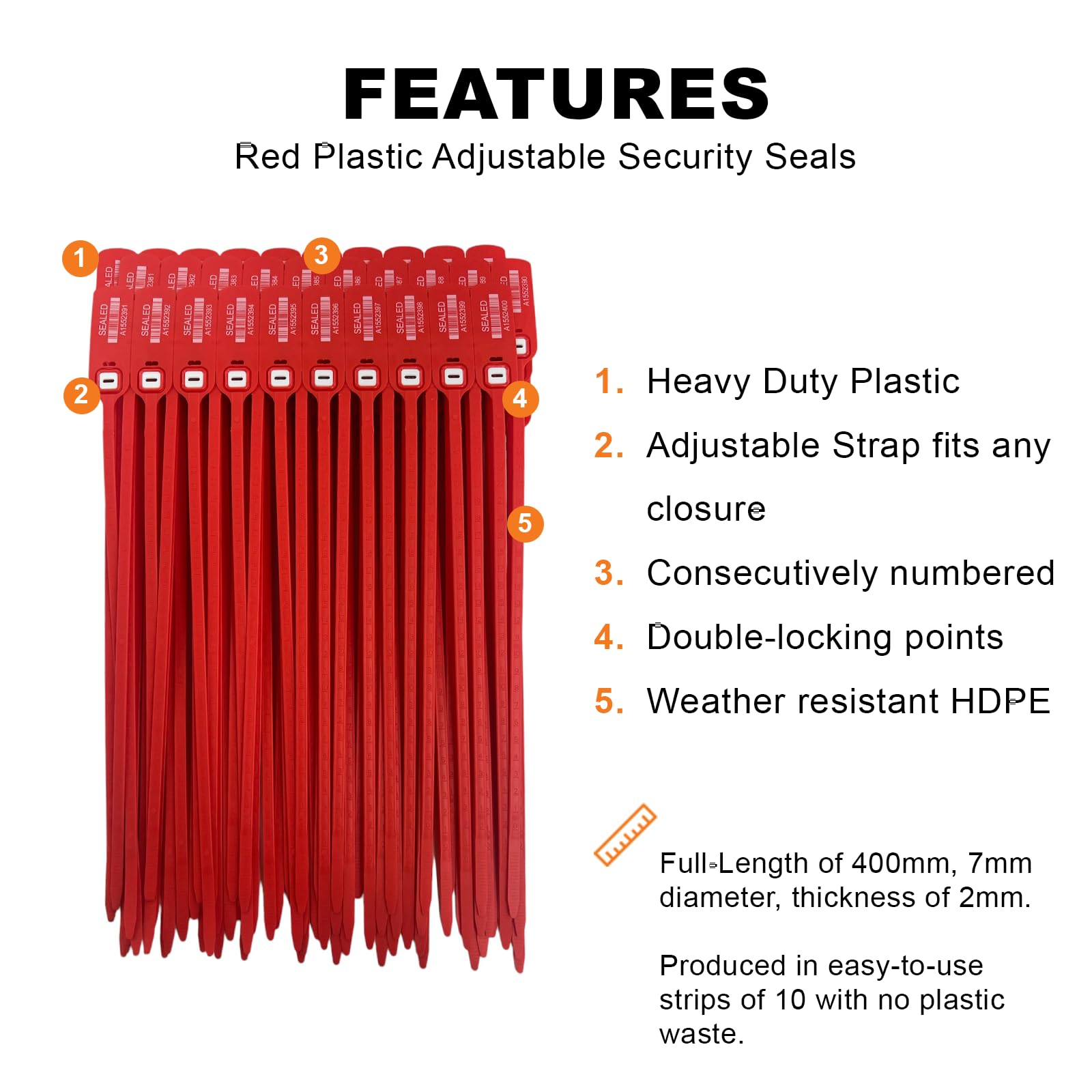 Heavy Duty Red Plastic Security Seals 16 Inch - Self Locking Shipping Seals with Progressive Numbering for Trucks, Trailers & Cargo Containers - Tamper Proof Luggage Seals (Pack of 400) - Ideal for Logistics, Transportation & Warehouse Security