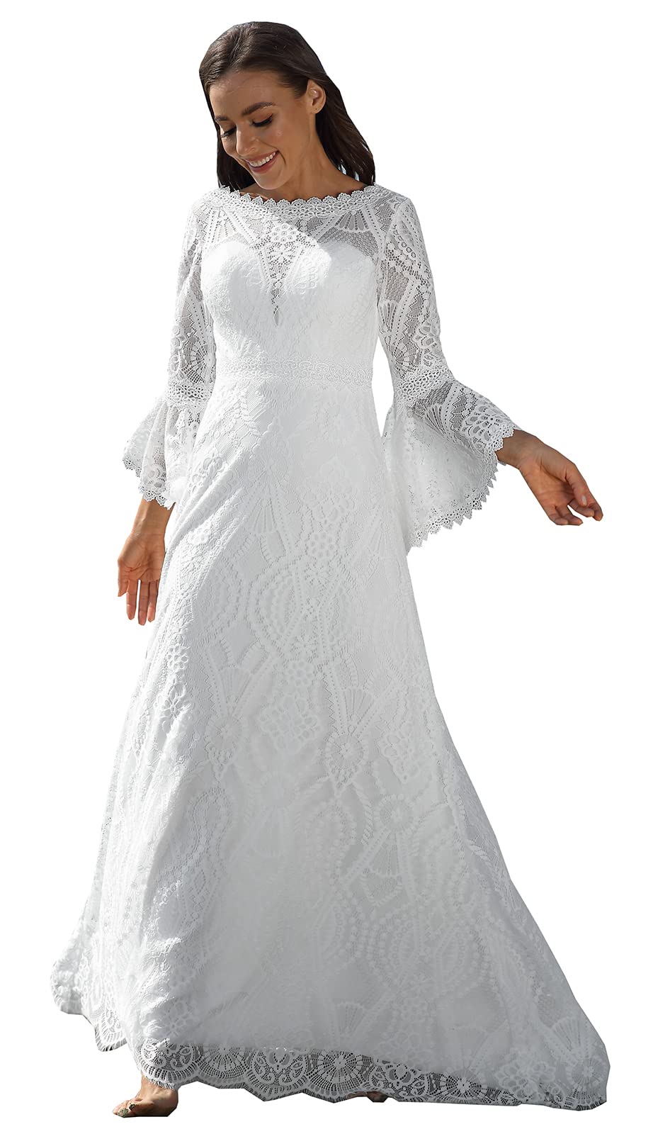 2023 Plus Size Boho Lace Wedding Dresses for Bride - Long Sleeve A-Line Beach Gowns | Perfect for Outdoor, Destination & Vintage Theme Weddings