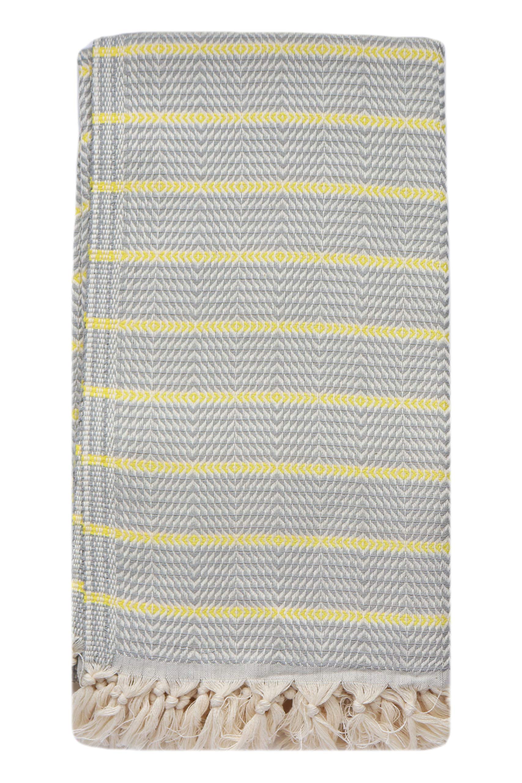 Premium Fringed Striped Turkish Beach Towel & Bath Towel - 100% Natural Cotton, Pre-Washed, Soft & Absorbent - Light Grey Rug Pattern - Perfect for Pool, Spa, Yoga & Travel