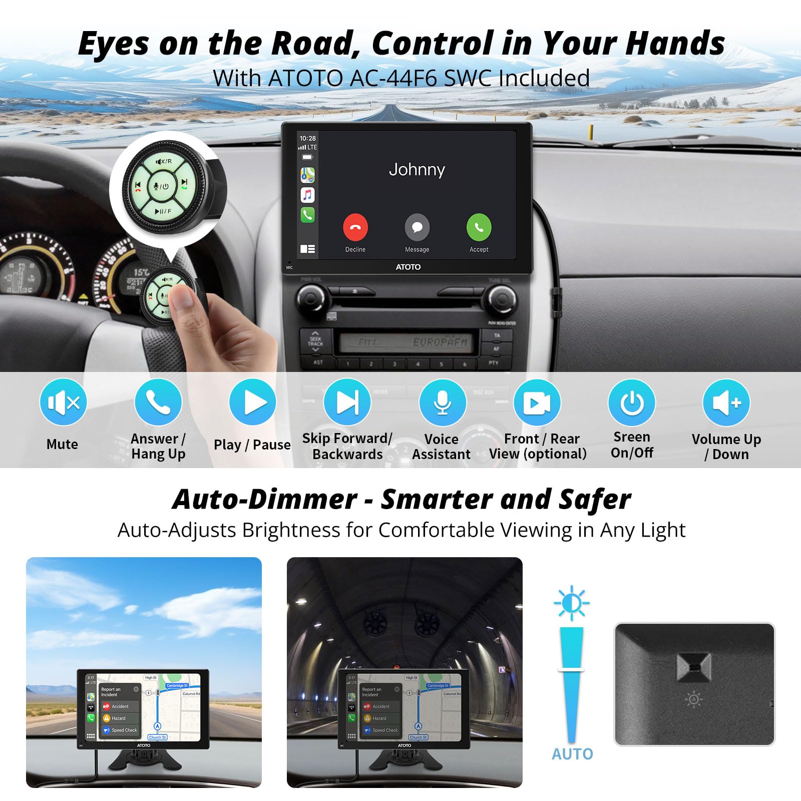 ATOTO P5 7-Inch Portable Wireless CarPlay & Android Auto QLED Touch Screen Car Stereo - 1080P Backup Camera, Dash Cam, GPS Navigation, Bluetooth, AUX, FM, Auto-Dimmer, MirrorLink (P507SD-S31) - Perfect for Road Trips & Daily Commuting