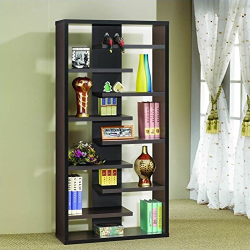 BOWERY HILL 8-Tier Staggered Shelf Bookcase in Cappuccino - Stylish Wooden Storage for Books, Decor & More - Perfect for Living Room, Bedroom or Home Office