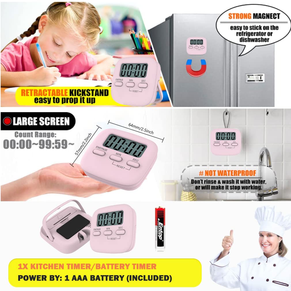 Pink Digital Kitchen Timer with Magnetic Back & Hanging Hole - HD Sound Countdown Stopwatch for Cooking, Baking, Study & Exercise - Perfect for Kids, Home & Classroom Use (Rectangle Design)