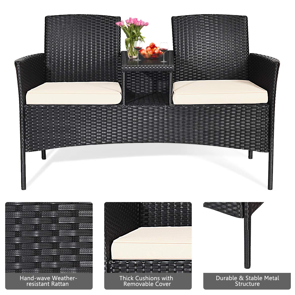 Modern White Outdoor Rattan Loveseat Sofa Set with Cushions & Glass Table - Patio Conversation Furniture for Garden, Lawn, Backyard - Perfect for Relaxing, Entertaining Guests, and Enjoying Outdoor Gatherings