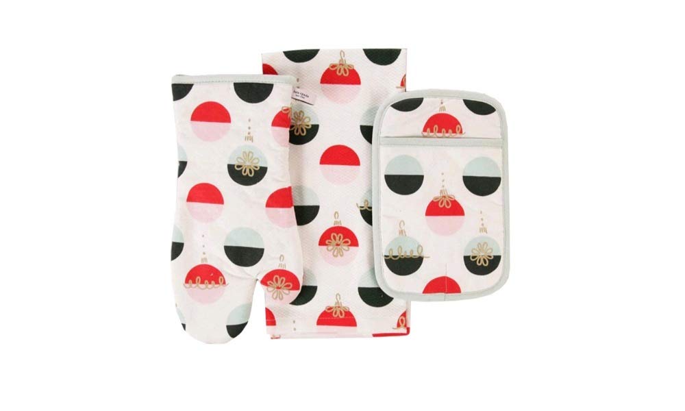 Kate Spade Holiday Colorblock Ornaments 3-Piece Kitchen Set - Oven Mitt, Potholder & Kitchen Towel | Christmas Gift for Home Cooks & Baking Enthusiasts