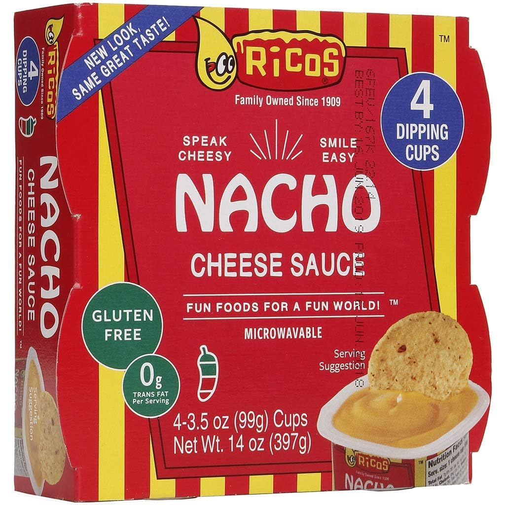 Rico's Nacho Cheese Dip - 14oz (4 Individual Cups) | Authentic Mexican Cheese Sauce for Nachos, Chips & Snacks | Perfect for Parties, Game Nights & Movie Nights | Includes Free CreateAndBundle Sticker