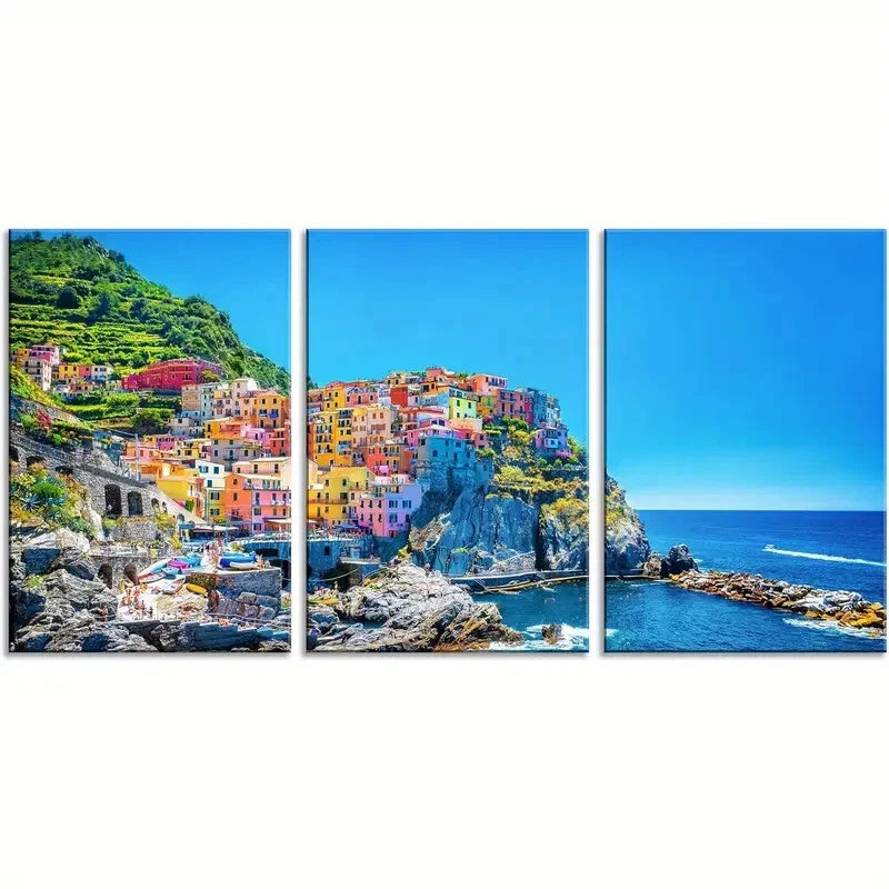 3-Piece Mediterranean Sea Cinque Terre Metal Wall Art Prints - Ready to Hang Coastal Decor for Living Room, Bedroom & Office