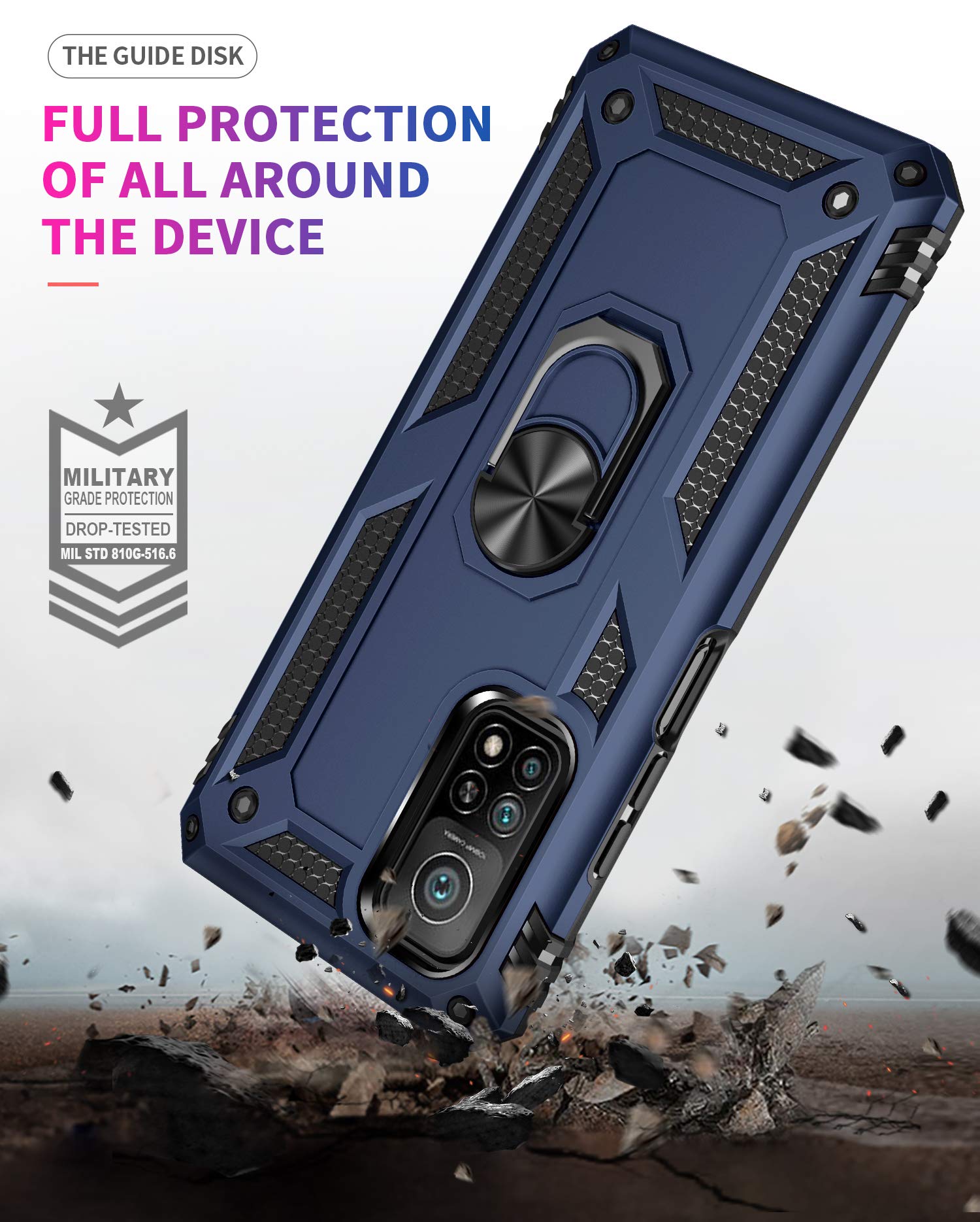 Shockproof Armor Case for Xiaomi Mi 10T Pro 5G/Mi 10T 5G with Built-in Screen Protector & Ring Kickstand - Military Grade Slim Protective Cover (Blue) - Perfect for Outdoor Activities, Travel, and Daily Protection