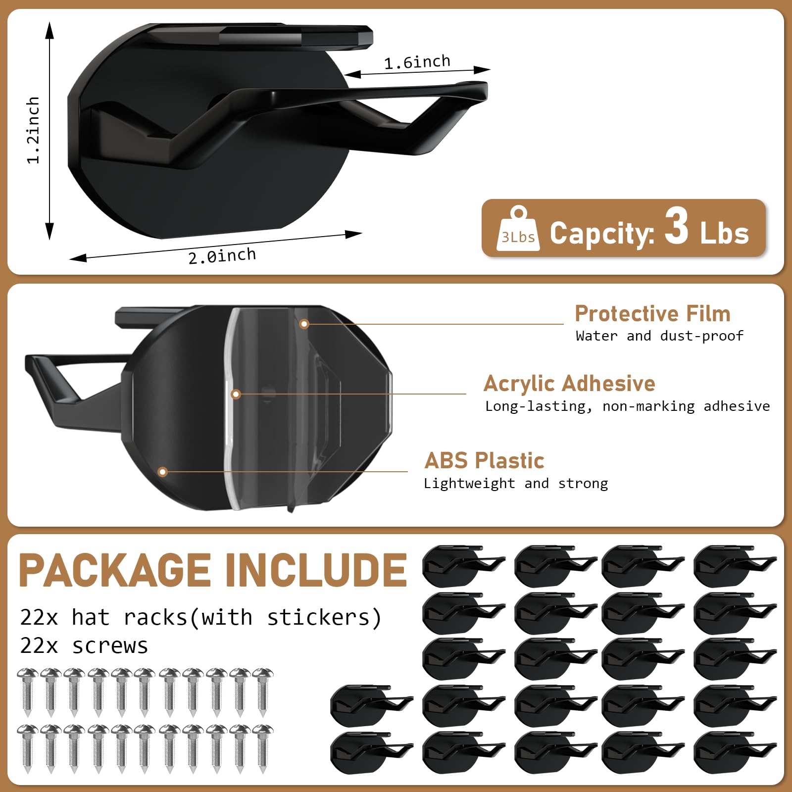 22 Pack Heavy Duty Adhesive Hat Hooks - No Drill Wall Mount Baseball Cap Organizer Rack for Closet, Door & Home Decor | Strong Hat Display Hanger for Caps & Accessories | Perfect for Bedroom, Office & Entryway Organization (Black, USA Patented)