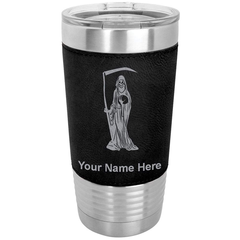LaserGram 20oz Vacuum Insulated Stainless Steel Tumbler Mug with Santa Muerte Design - Personalized Engraving, Faux Leather Handle, Black - Perfect for Coffee, Tea & Cold Drinks at Home, Office or Travel