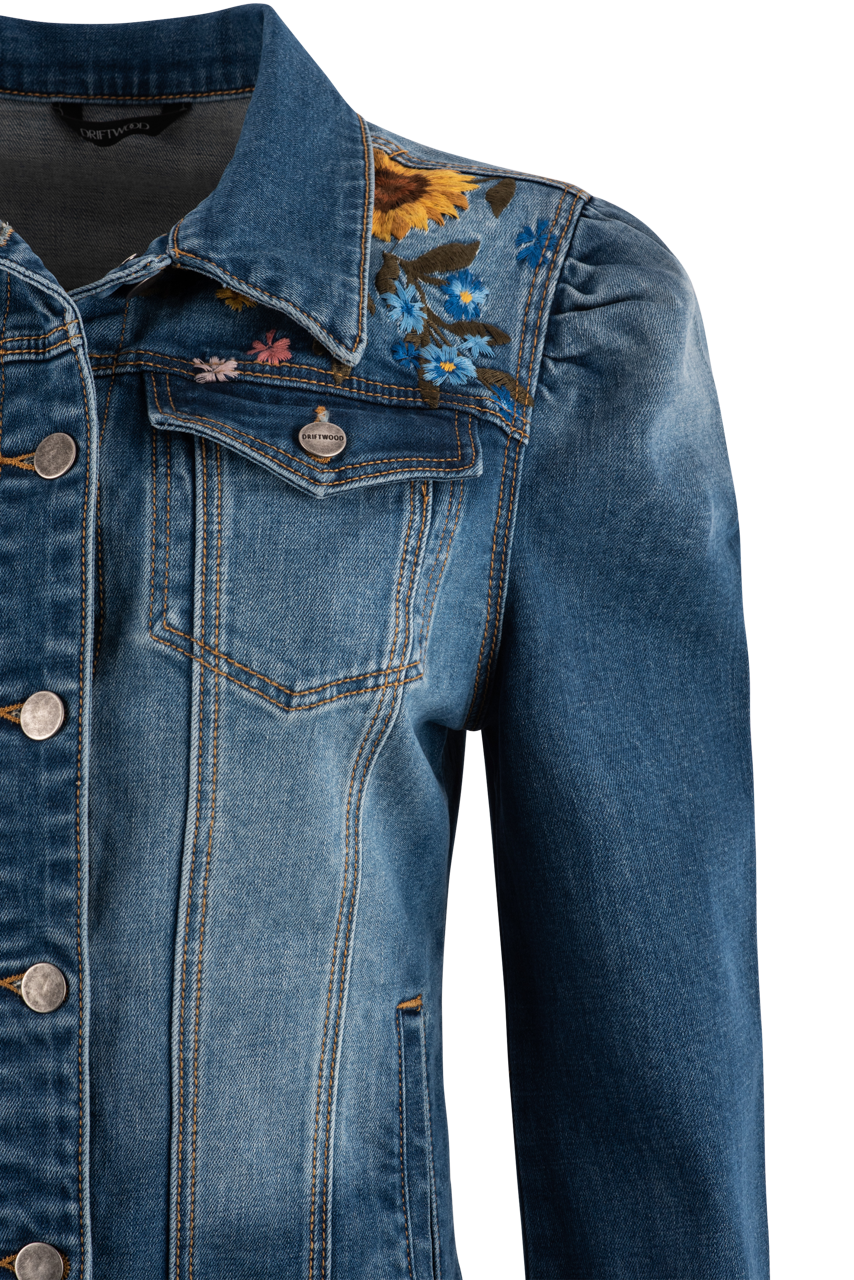 Stylish Women's Distressed Denim Jacket with Sunflower & Driftwood Embroidery - Perfect for Casual Outings, Music Festivals & Boho Fashion