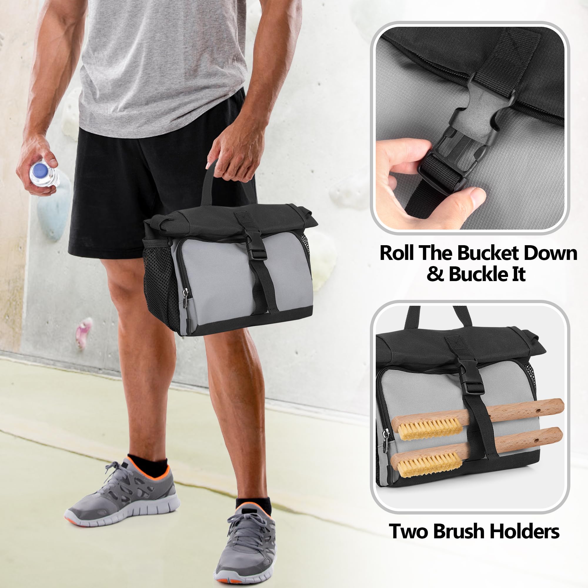 Premium Chalk Bucket Bag for Rock Climbing & Bouldering - Large Capacity with Aluminum Foil Lining, Magnetic Closure, Multiple Pockets & 2 Brush Holders (Patented Design) - Ideal for Indoor/Outdoor Climbing Gyms & Mountain Adventures