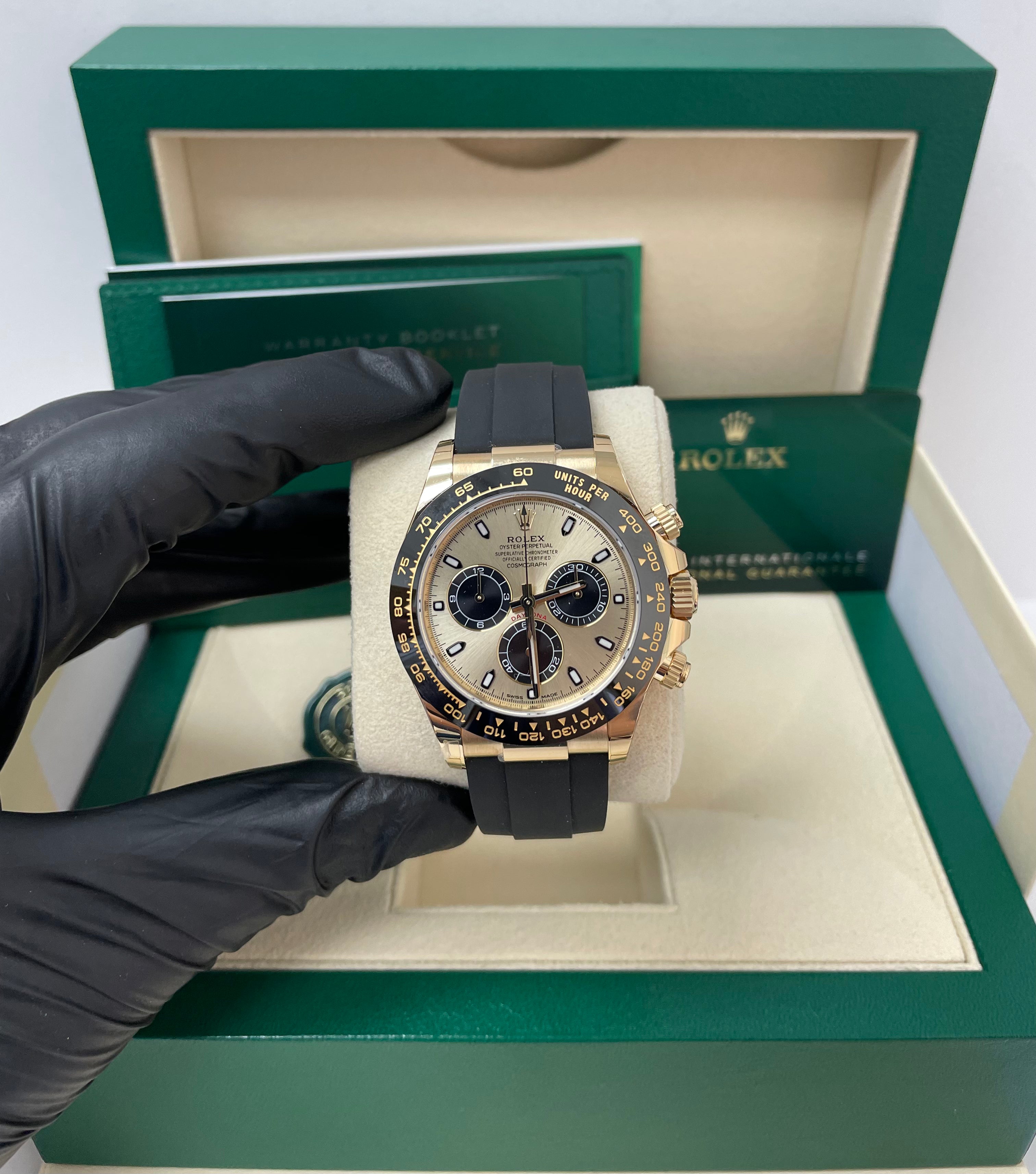 Rolex Daytona 40mm Champagne Dial with Black Subdials & Black Oysterflex Strap Ref 116518LN - Luxury Men's Watch for Business, Gala & Special Occasions