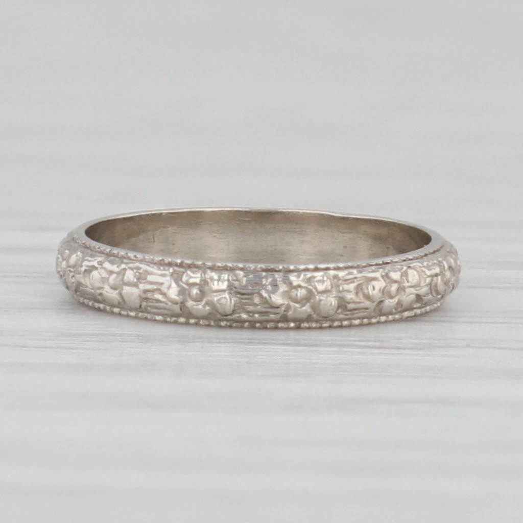10k White Gold Antique Floral Baby Ring - Dainty Small Size Keepsake Band for Newborns, Christening Gifts & First Birthday Presents