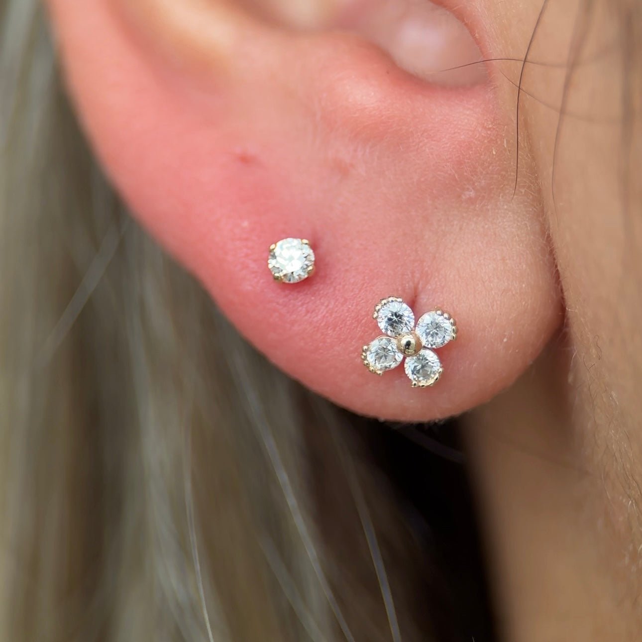 14k White Gold Beaded Four Petal Flower Diamond Flat Back Stud Earrings for Women - Perfect for Weddings, Parties & Everyday Elegant Wear
